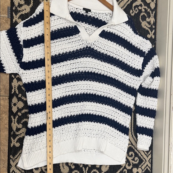 TALBOTS OPEN KNIT Striped Navy and White Women's Sweater with collar - Picture 13 of 14